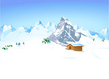 winter landscape with mountain shelter
