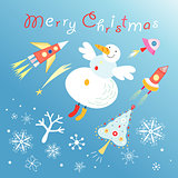 card with a flying snowman