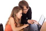 Father and daughter working on a laptop