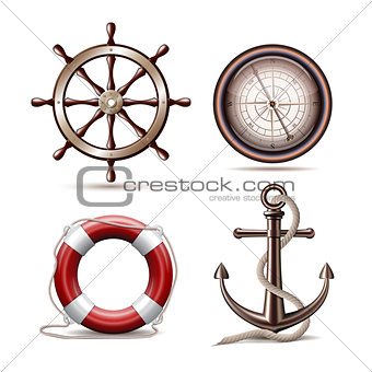 Set of marine symbols on white background.