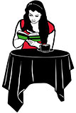 girl reading a book at the table drinking coffee