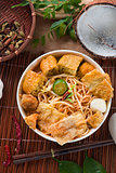 asam laksa noodle ,Penang style with raw ingredients on backgrou