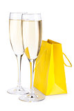 Champagne glasses and gift bag