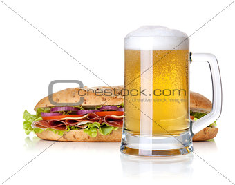 Cold lager beer glass and long sandwich