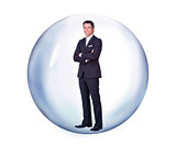 Businessman standing in a bubble while smiling