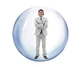 Man standing at a bubble smiling