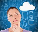 Woman thinking about cloud computing