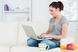 Relaxing woman on the couch using a laptop