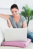 Smiling woman sitting on the couch and working with a laptop