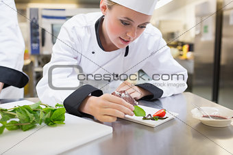 Chef putting mint on dessert plate