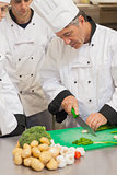 Chef teaching group how to slice vegetables