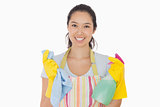 Woman holding cloth and spray bottle