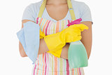 Woman holding window cleaner and rag