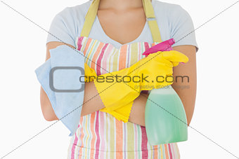 Woman holding window cleaner and rag