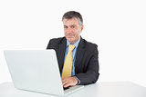 Smiling man writing on his laptop