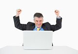 Cheering man sitting at his desk with laptop