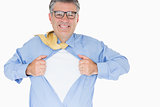 Man with glasses is pulling his shirt with his hands