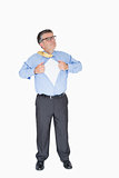 Concentrated man with glasses is pulling his shirt with his hands