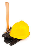 Hard hat protective gloves and hammer