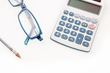 Pen calculator and glasses