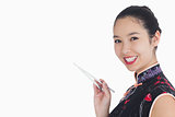 Happy woman holding chopsticks