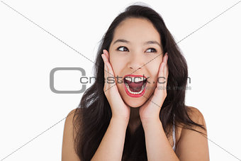 Smiling woman yelling