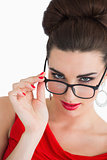 Woman wearing glasses and red dress