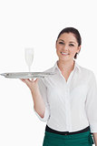 Waitress holding silver tray