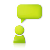 Person with speech bubble. Green vector icon