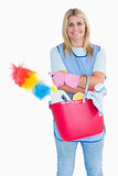 Maid holding a pink bucket