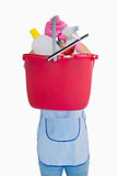 Maid showing a pink bucket