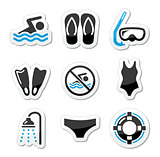 Swimming, scuba diving, sport vector icons set