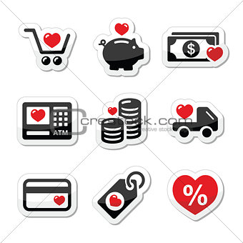 I love shopping, I love money vector icons