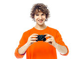 young man photographer  holding camera portrait