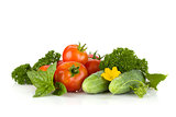 Ripe tomatoes, cucumbers, basil and parsley