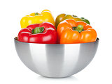 Four bell peppers in a bowl