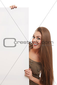Smiling woman with blank board sign