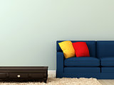 Blue sofa with colorful pillows and a coffee table