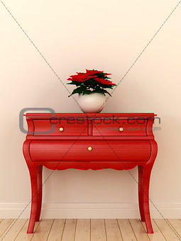 Red chest of drawers and a plant