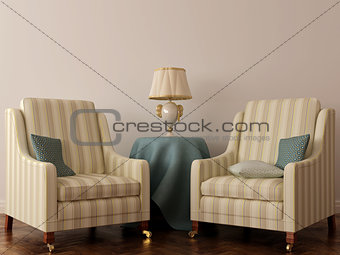 Two classic chair and table with lamp