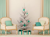 Two classic chairs and white Christmas tree