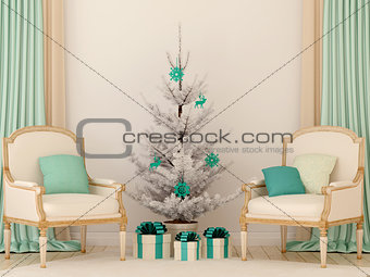 Two classic chairs and white Christmas tree
