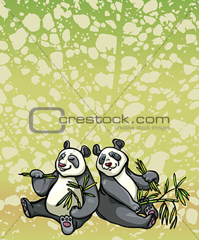 Two cartoon panda and bamboo leaves