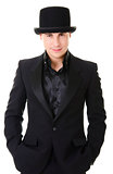 Man in black austere suit and hat