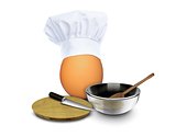 Egg wearing chef toques with cooking tools