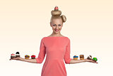 blonde woman with cupcakes on the arms 