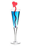 Blue champagne alcohol cocktail with red heart decoration
