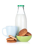 Cup, bottle of milk and cookies