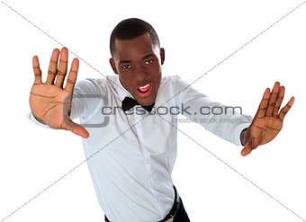 Happy stylish black man stretching to camera