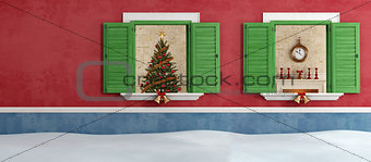 Red and blue house with christmas decoration